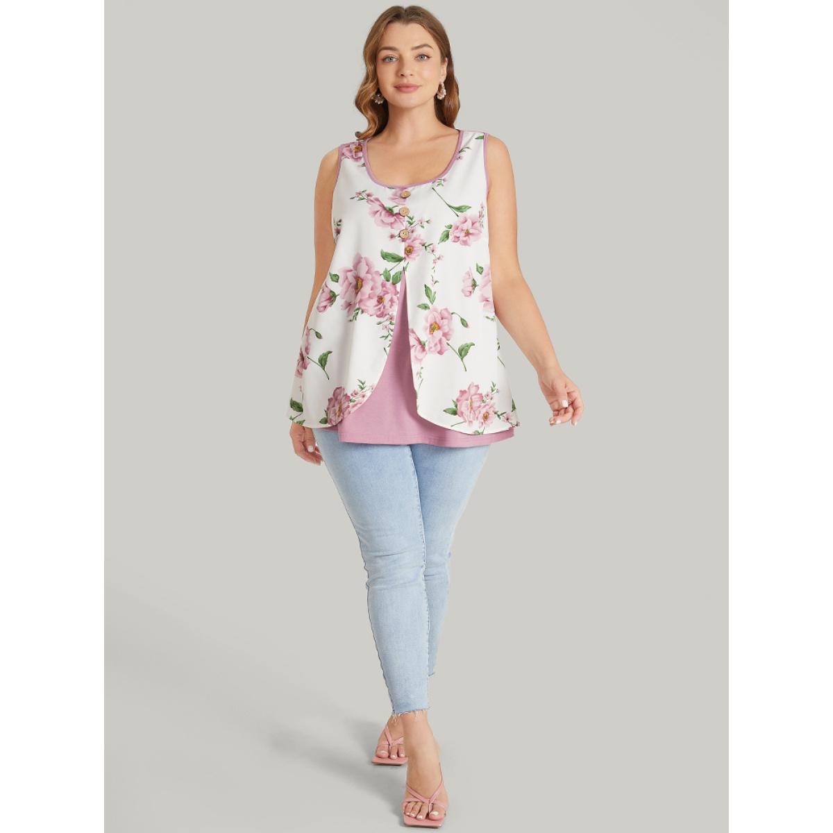 Plus Size Floral Split Front Button Detail 2-In-1 Tank Top Women Rouge Elegant Button Round Neck Dailywear Tank Tops Camis BloomChic 10/M Product Image
