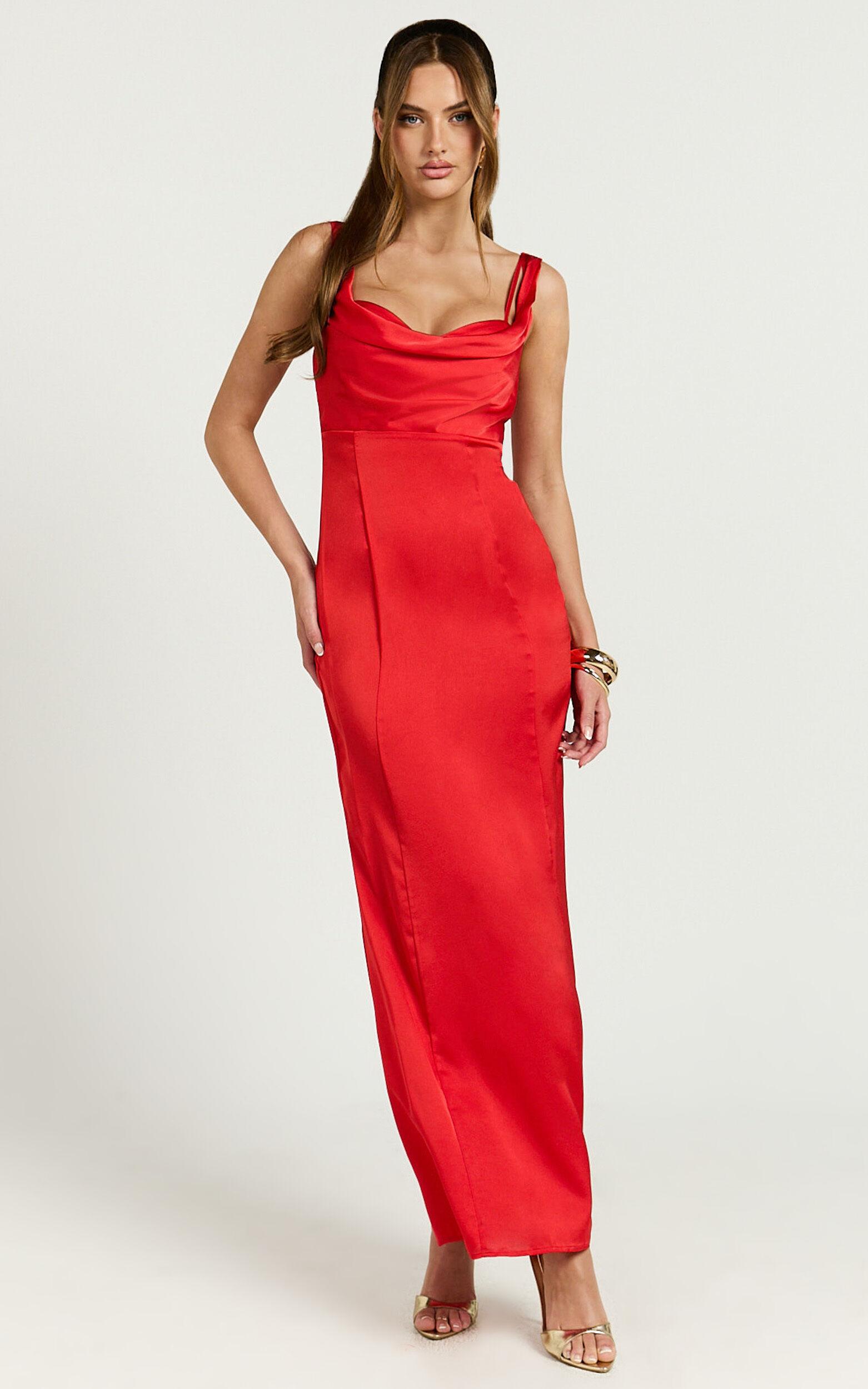 Grace Maxi Dress - Cowl Neck Satin Slip Dress in Coral Red Product Image