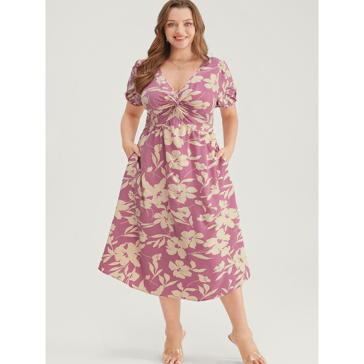 Plus Size Floral Print Twist Front Puff Sleeve Pocket Ruffles Dress Pink Women Elegant Pocket V-neck Short sleeve Curvy Midi Dress BloomChic 26/4X Product Image