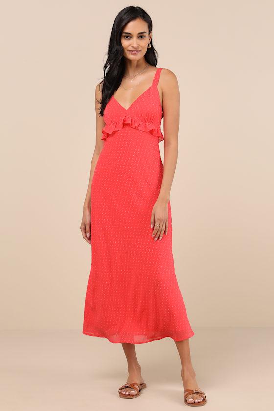 Valonia Red Orange Ruffled Clip Dot Empire Waist Midi Dress Product Image