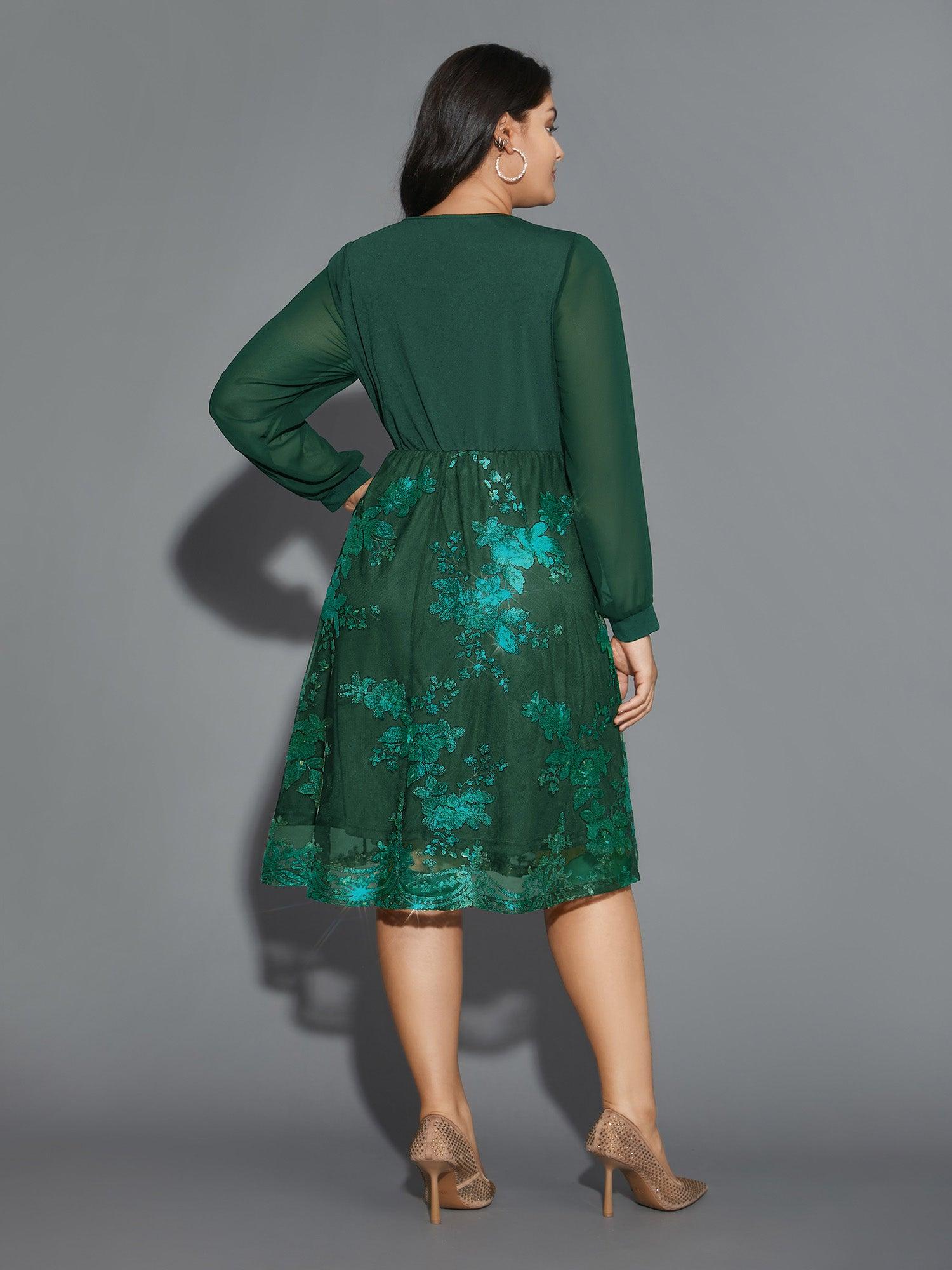 Sequin Overlap Collar Sheer Sleeve Lined Dress Female Product Image