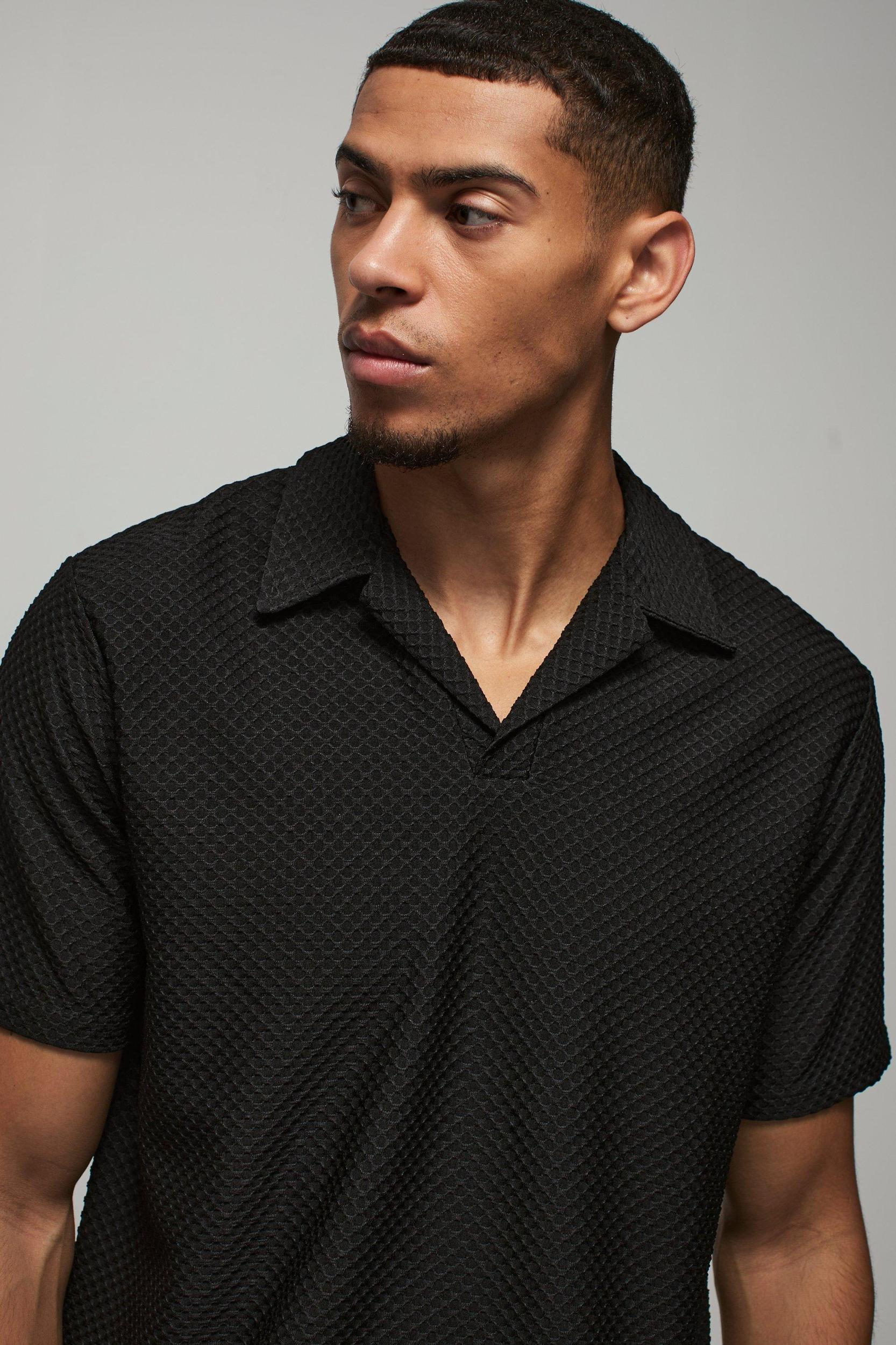 Regular Fit Textured Revere Polo | boohooMAN USA Product Image