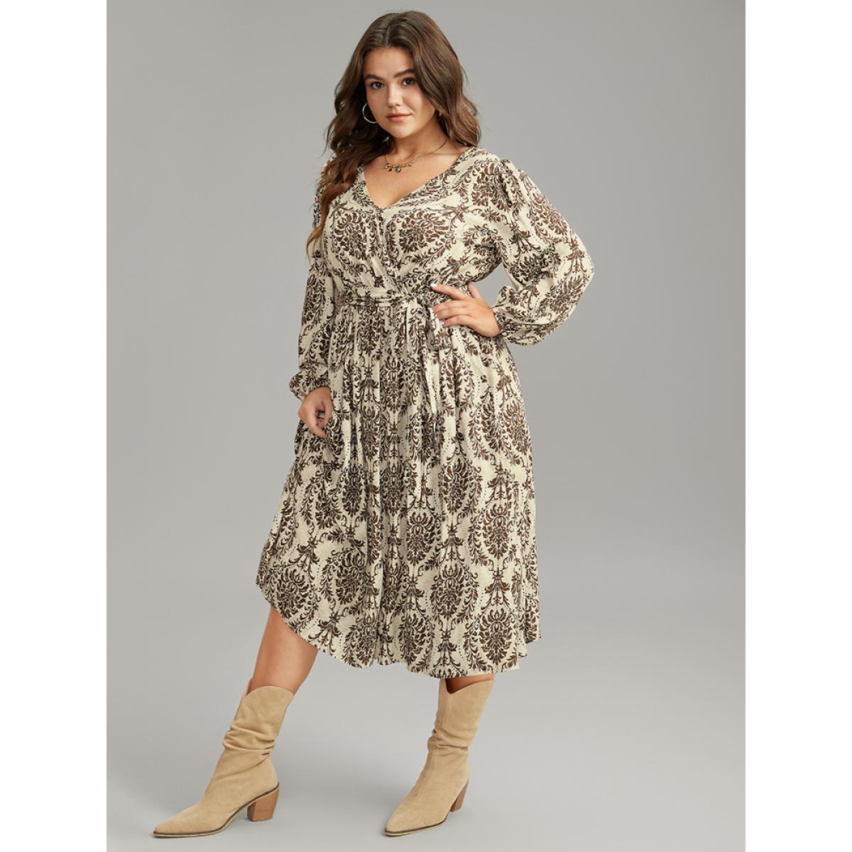 Plus Size Supersoft Essentials Boho Print Elastic Waist Belted Dress Tan Women Vacation Elastic cuffs Overlap Collar Long Sleeve Curvy Midi Dress BloomChic 14-16/1X Product Image