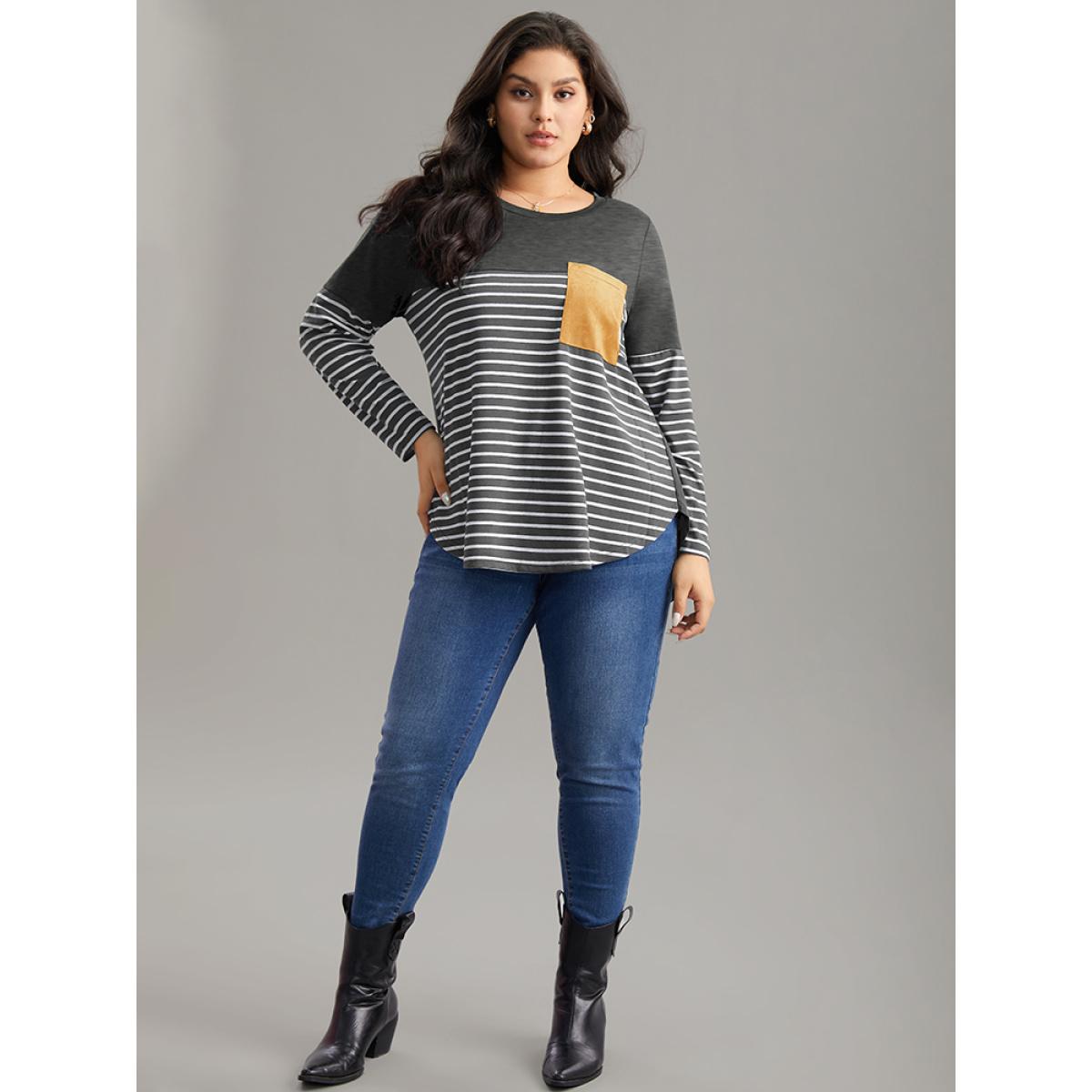Plus Size Striped Contrast Patched Pocket Arc Hem T-shirt DarkGray Women Casual Contrast Striped Round Neck Dailywear T-shirts BloomChic 18-20/2X Product Image