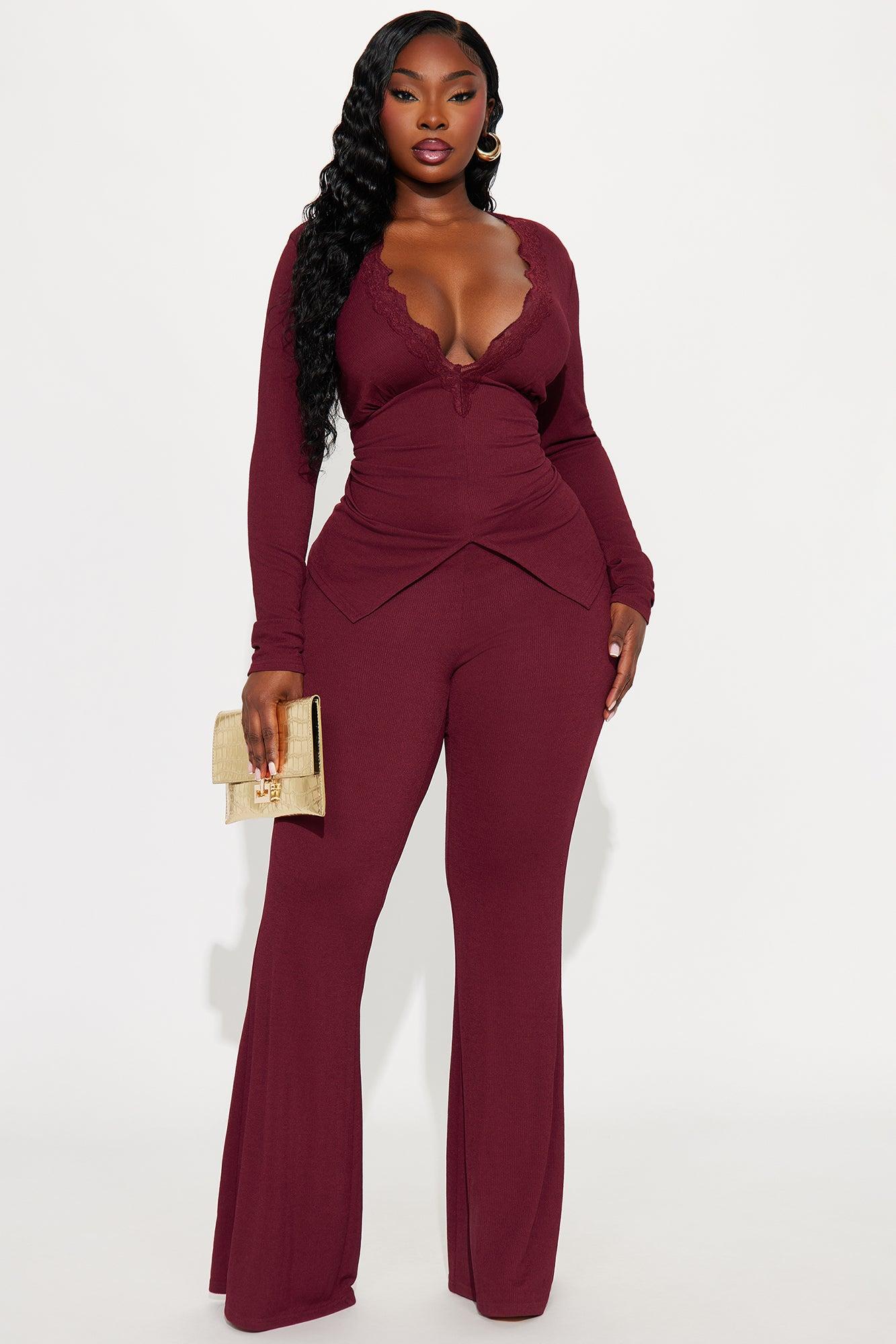 Veronica Wide Leg Ribbed Jumpsuit - Wine Female Product Image