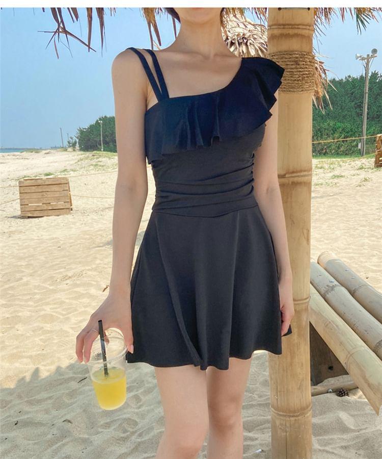 Asymmetrical Neck Plain Ruffle Swimdress Product Image