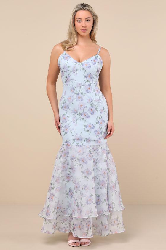Pure Splendor Light Blue Floral Organza Trumpet Maxi Dress Product Image