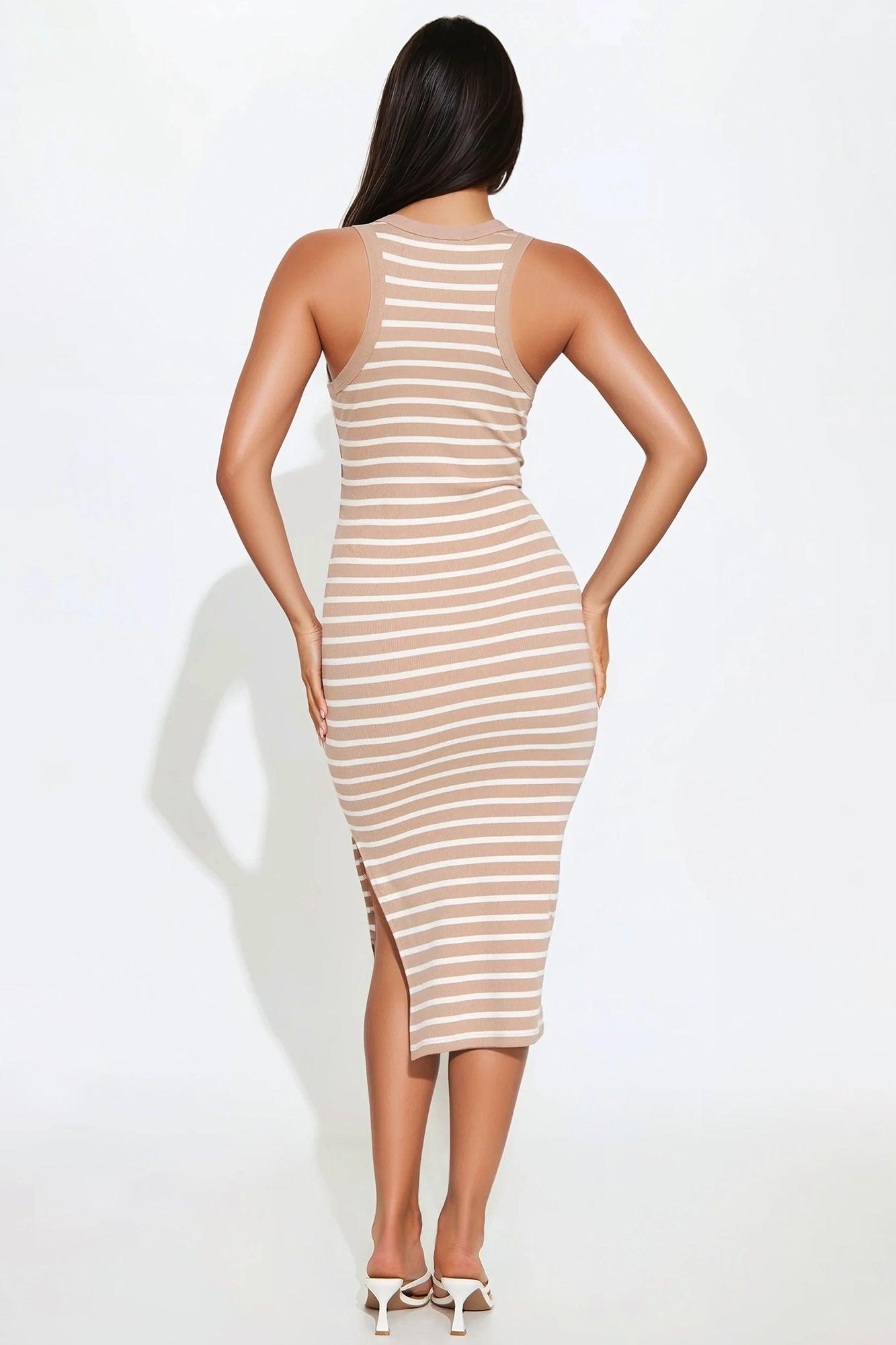 Maya Ribbed Striped Midi Dress - Mocha/combo Product Image