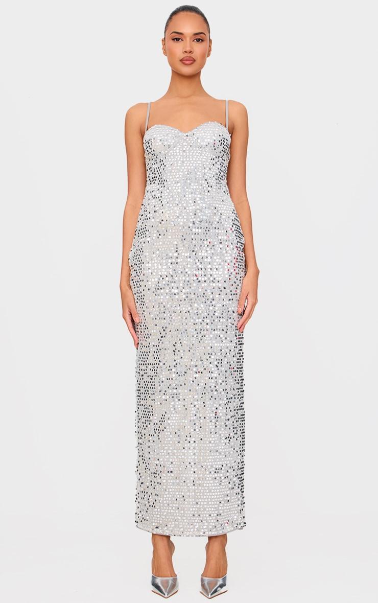 Silver Sequin Strappy Corset Detail Maxi Dress Product Image