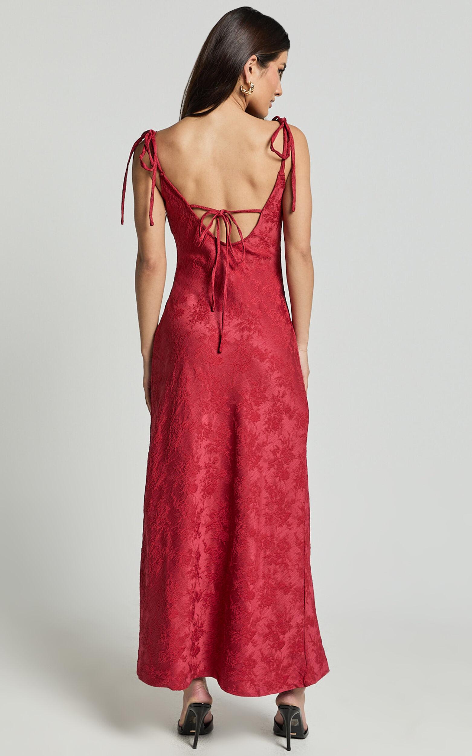Romarie Maxi Dress - Tie Shoulder Backless Jacquard Dress in Red Product Image