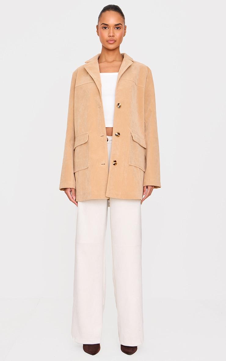 Beige Oversized Longline Faux Suede Blazer Coat Product Image
