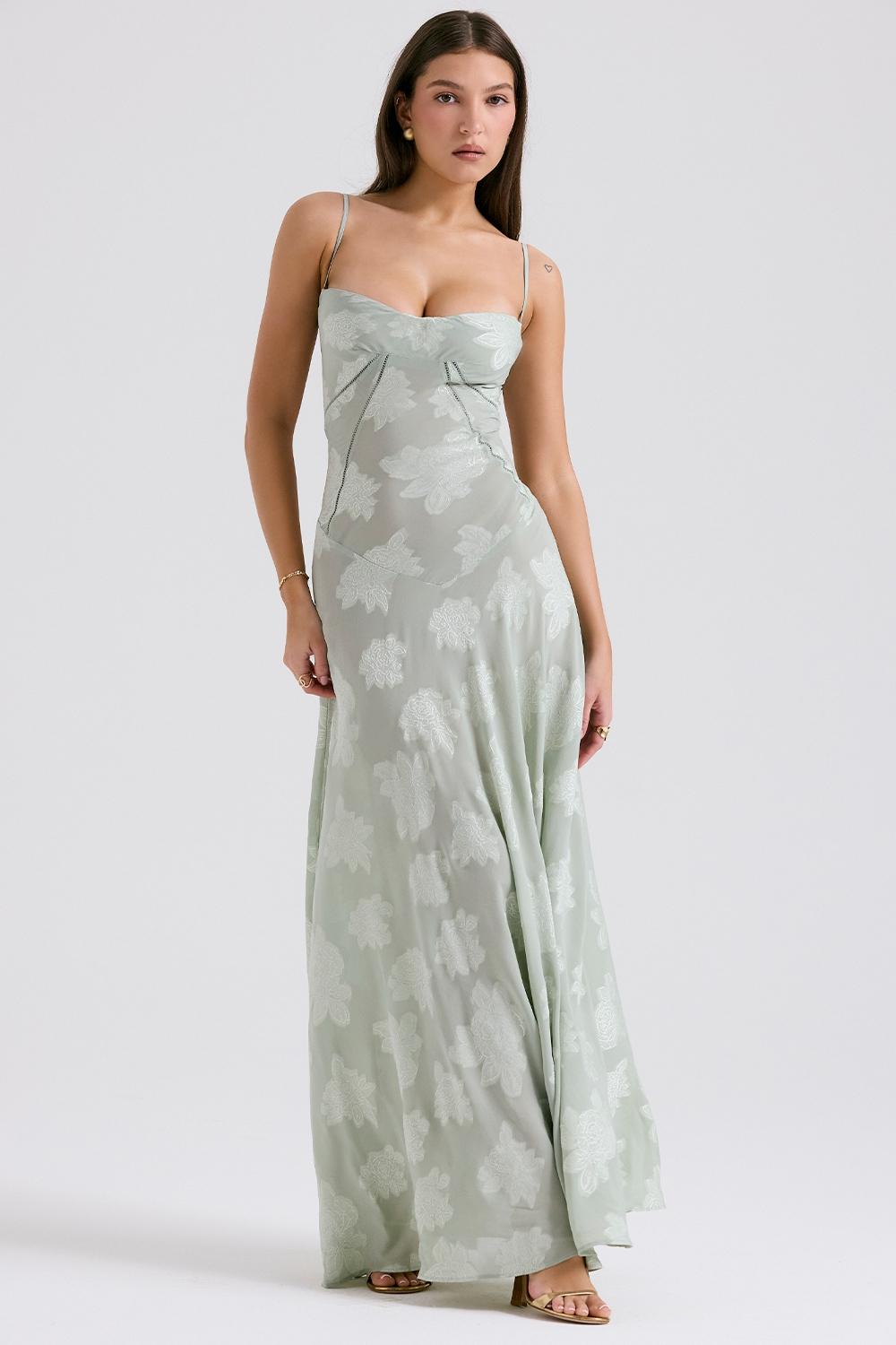 Seren  pistachio floral lace back maxi dress Product Image