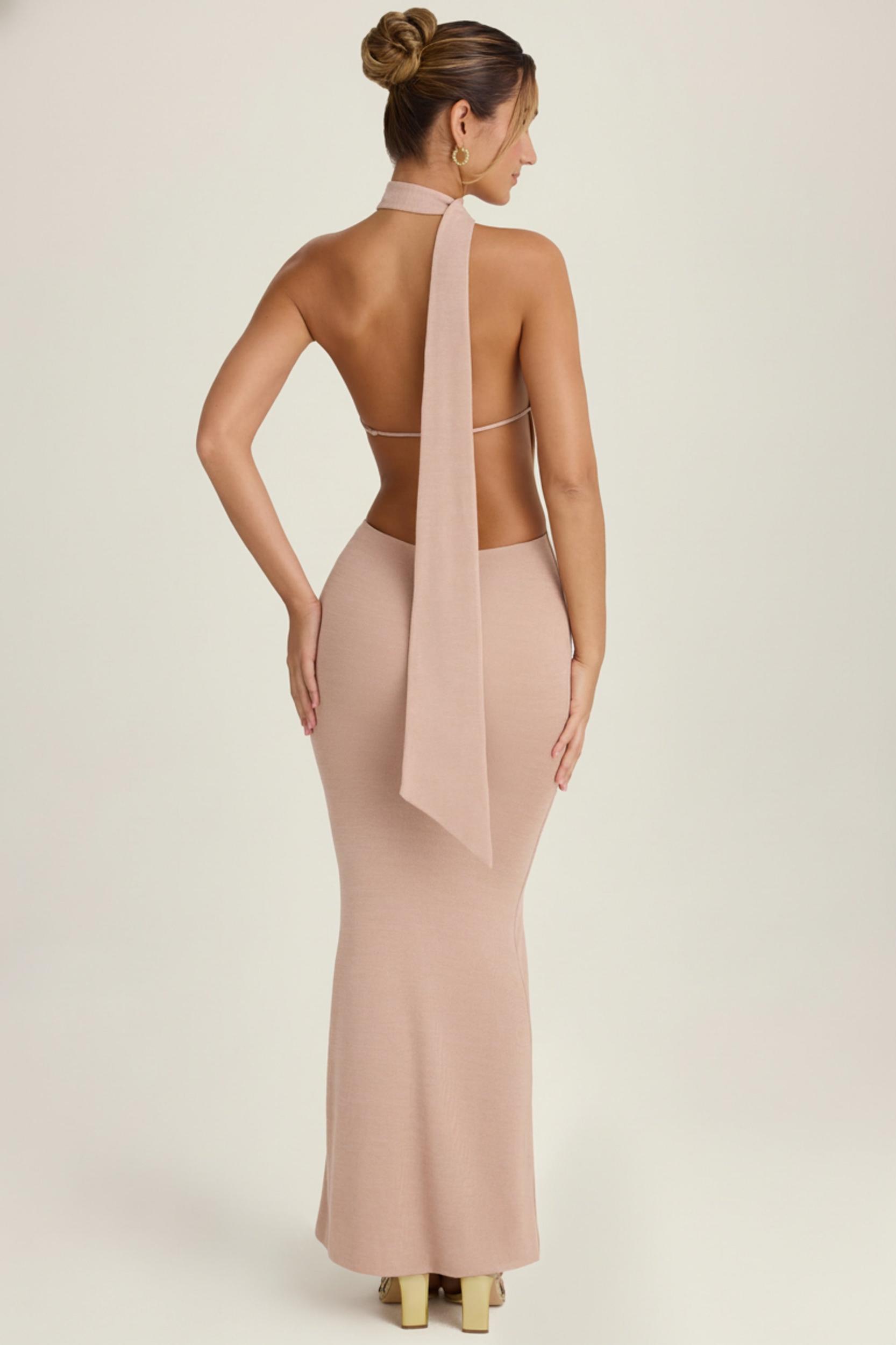 Scarf-Detail Cut-Out Halterneck Maxi Dress in Warm Peach Product Image