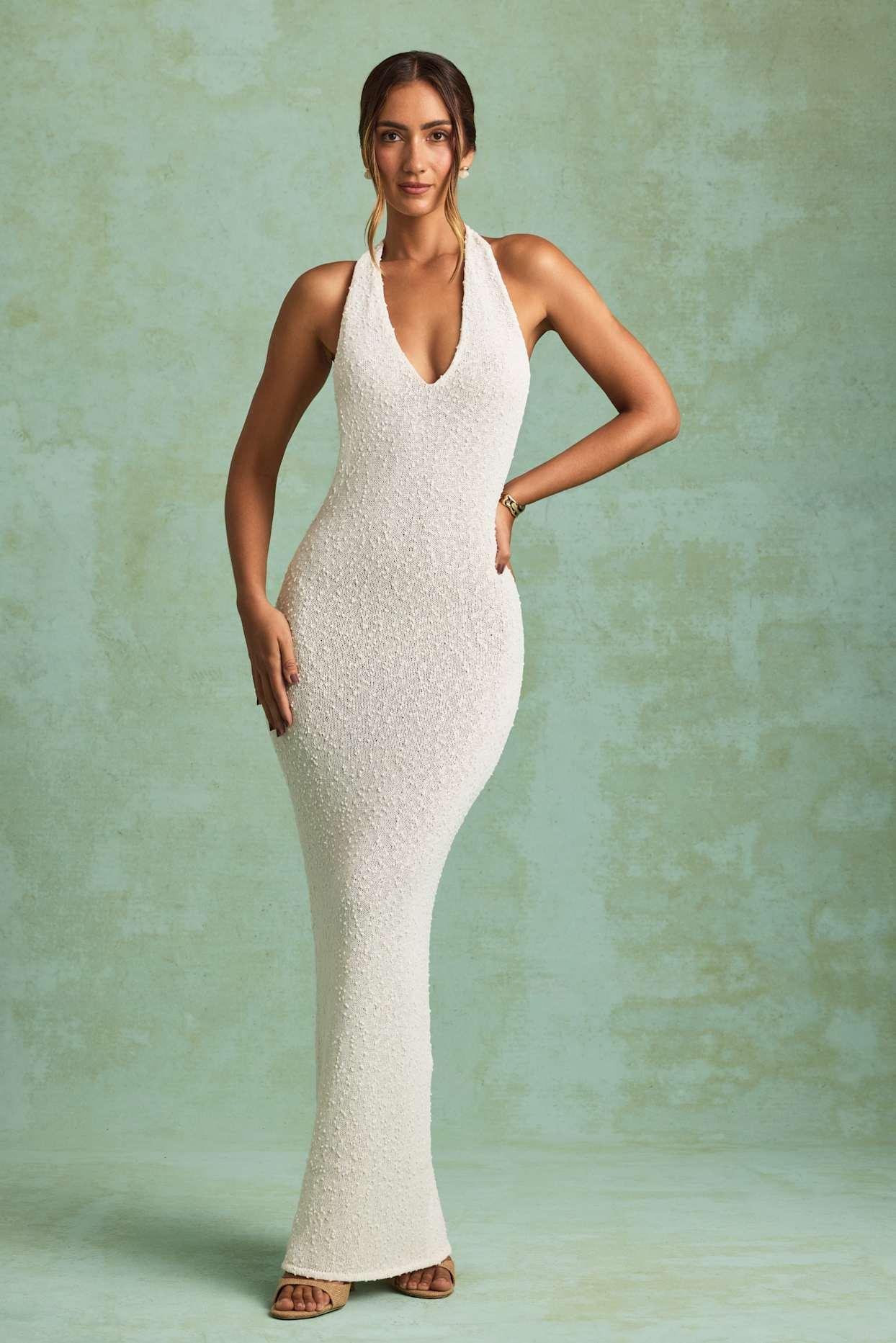 Bouclé Halterneck Maxi Dress in White Girls Product Image