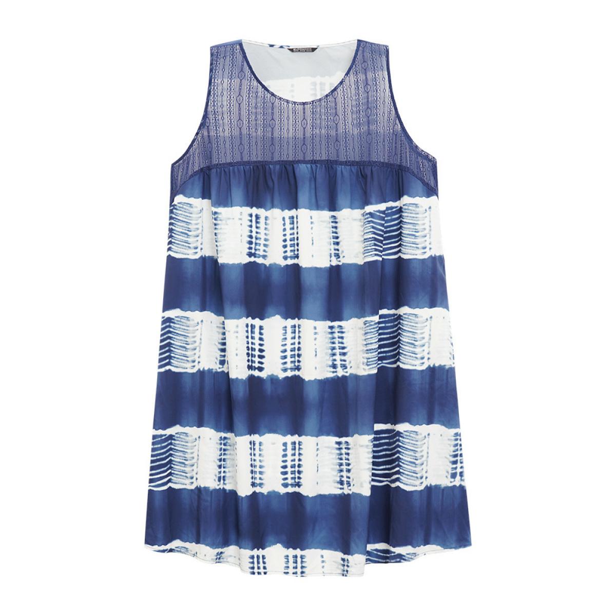 Plus Size Tie Dye Mesh Patchwork Ruffle Hem Tank Dress Indigo Women Vacation Gathered Round Neck Sleeveless Curvy Knee Dress BloomChic 14-16/1X Product Image