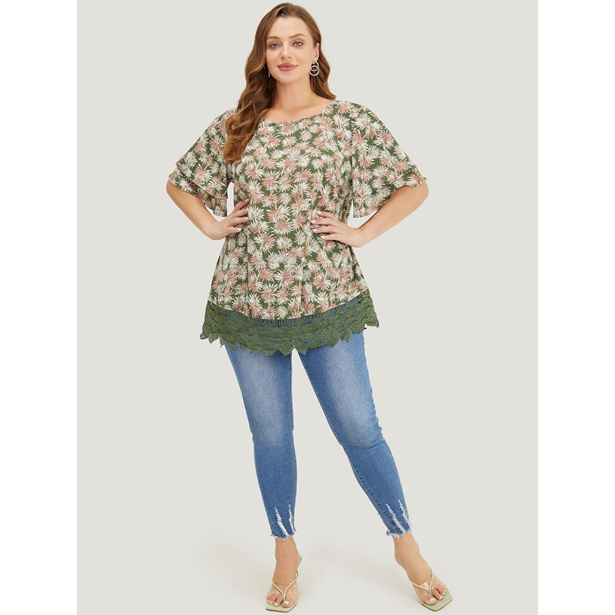 Plus Size Sage Plant Print Tiered Sleeve Lace Hem Blouse Women Vacation Short sleeve Round Neck Dailywear Blouses BloomChic 22-24/3X Product Image