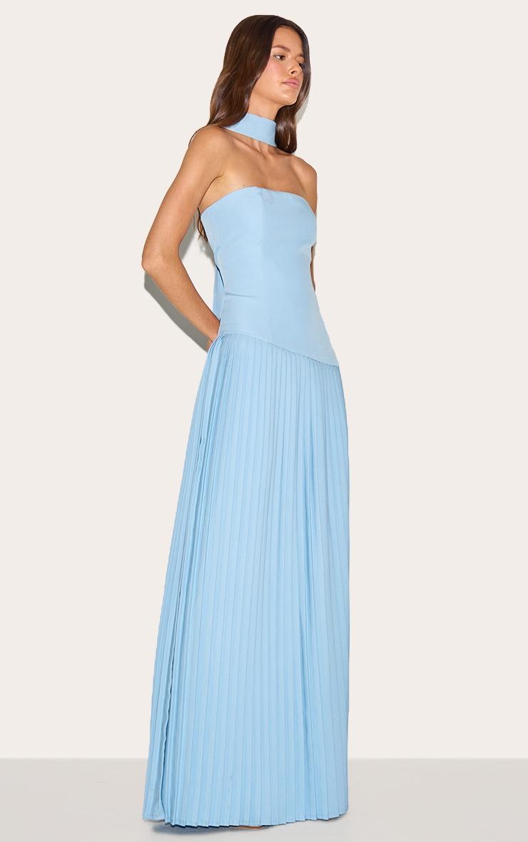 Pale Blue Woven Asymmetric Pleated Maxi Dress Product Image