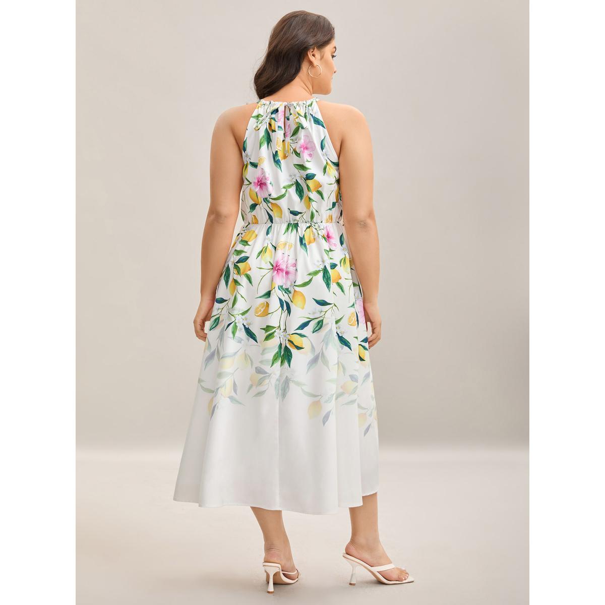 Plus Size Large Floral Pattern Pleated Waist Midi Dress WhiteSmoke Women Halter neck Sleeveless Curvy BloomChic 26/4X Product Image