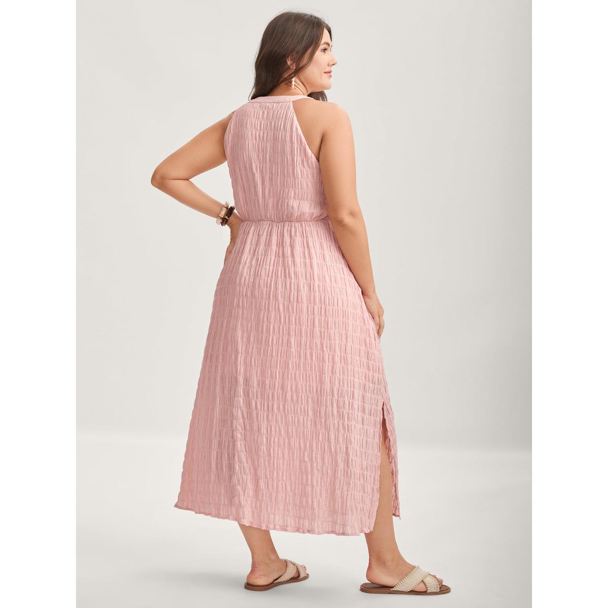 Plus Size Textured Halter Neck Solid Midi Dress Nudepink Women Halter neck Sleeveless Curvy BloomChic 28/5X Product Image