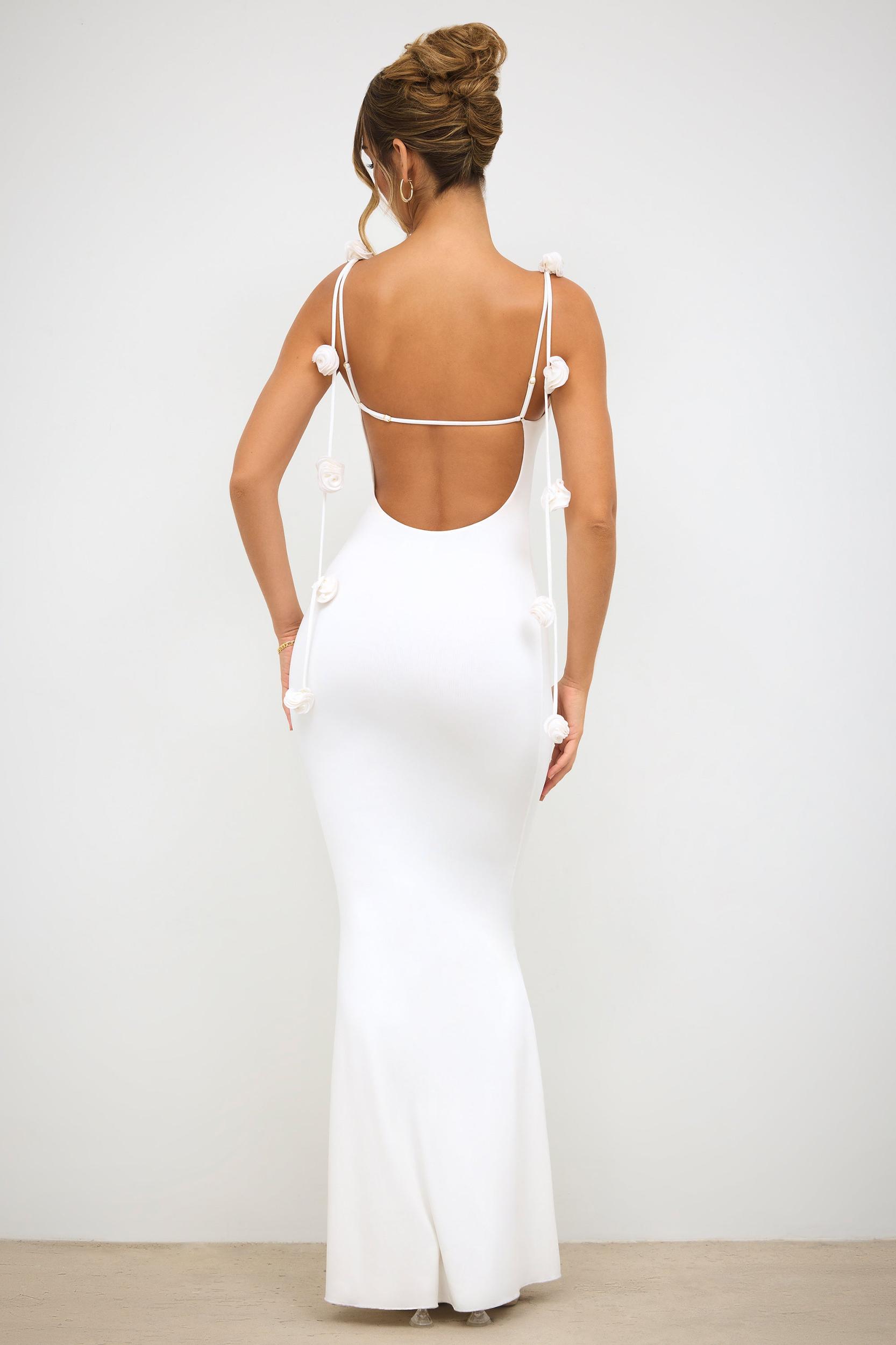 Slinky Jersey Rose Detail Evening Gown in White Product Image