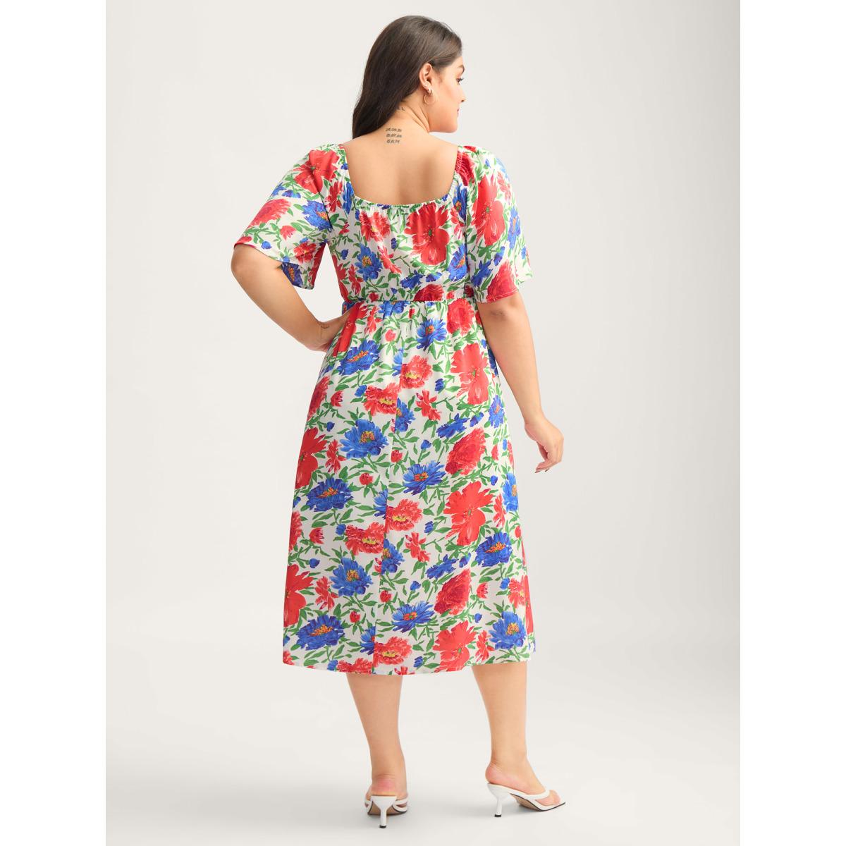 Plus Size Sunkissed Floral Shirred Pockets Midi Dress Multicolor Women Shirred Square Neck Short sleeve Curvy BloomChic 12/L Product Image