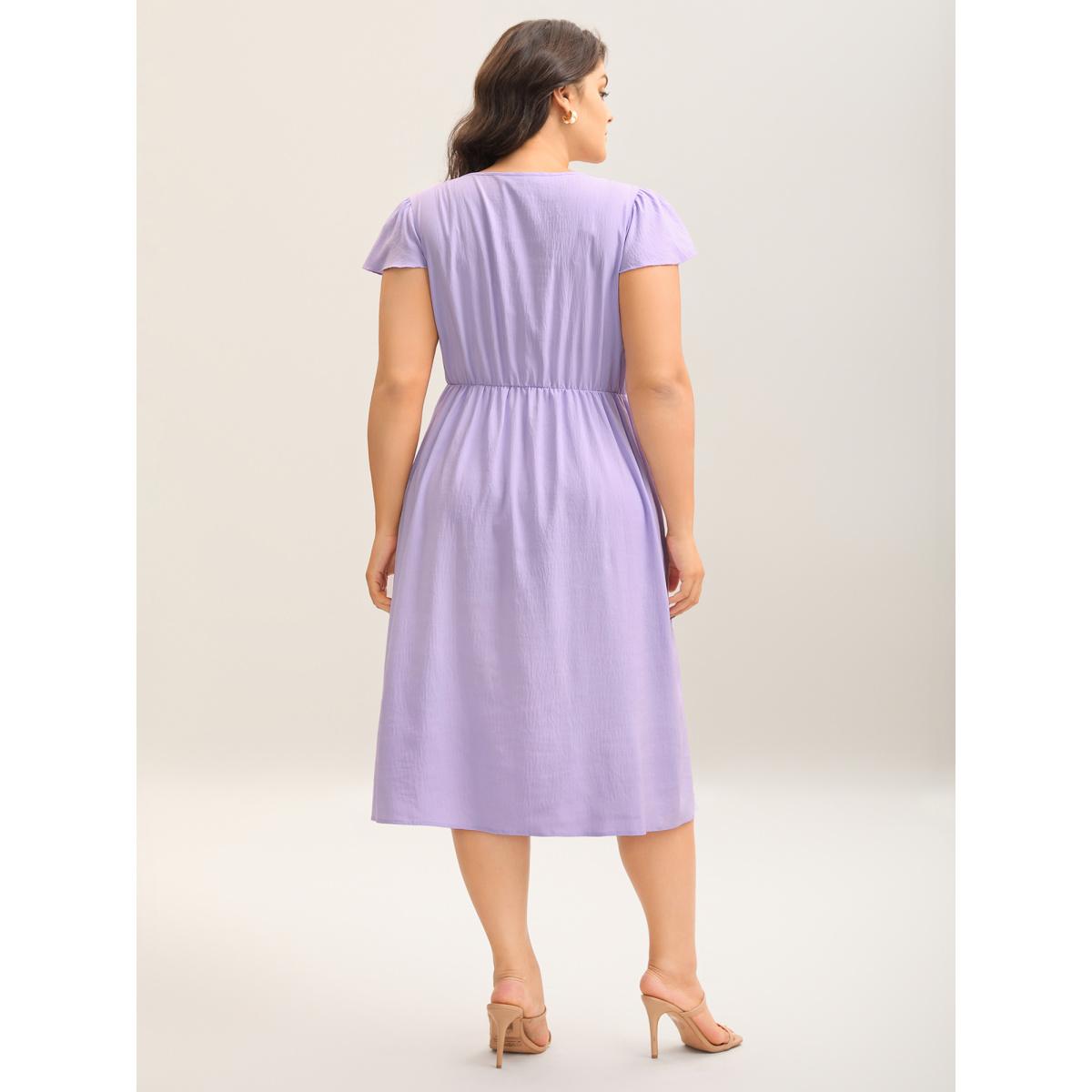 Plus Size Lace Trim Flutter Sleeve Midi Dress Lavender Women V-neck Cap Sleeve Curvy BloomChic 30/6X Product Image