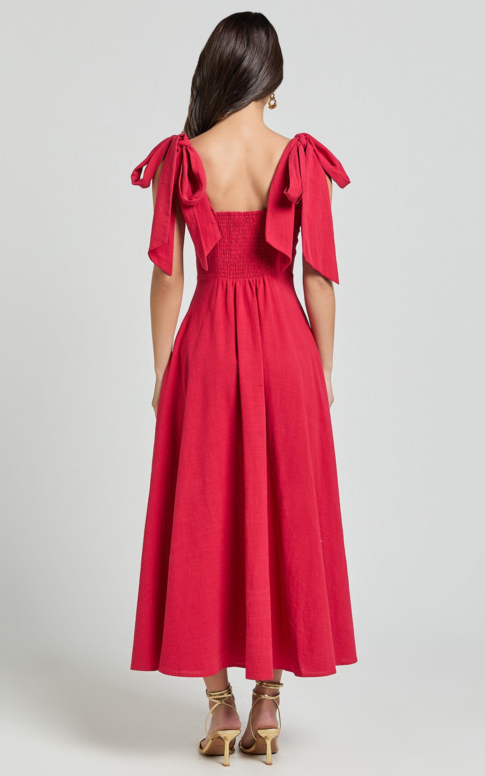 Tymia Midi Dress - Shoulder Tie Bustier Shirred Back A Line in Red Product Image
