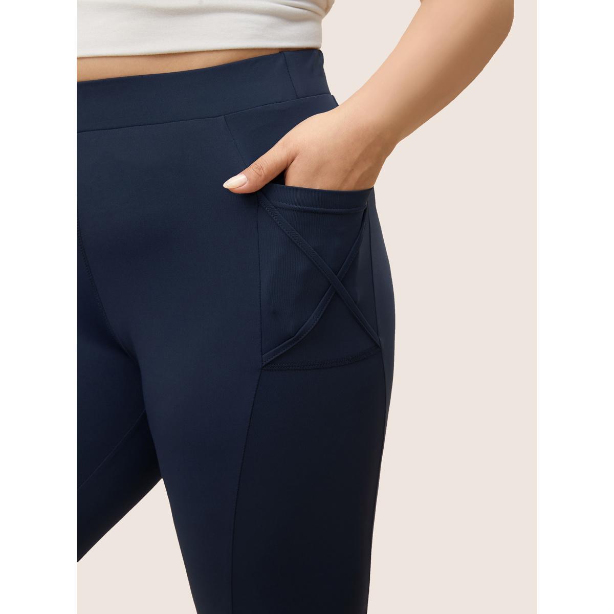 Plus Size Plain Elastic Waist Crisscross Pocket Leggings Women Midnight Casual High stretch Skinny High Rise Everyday Leggings BloomChic 12/L Product Image