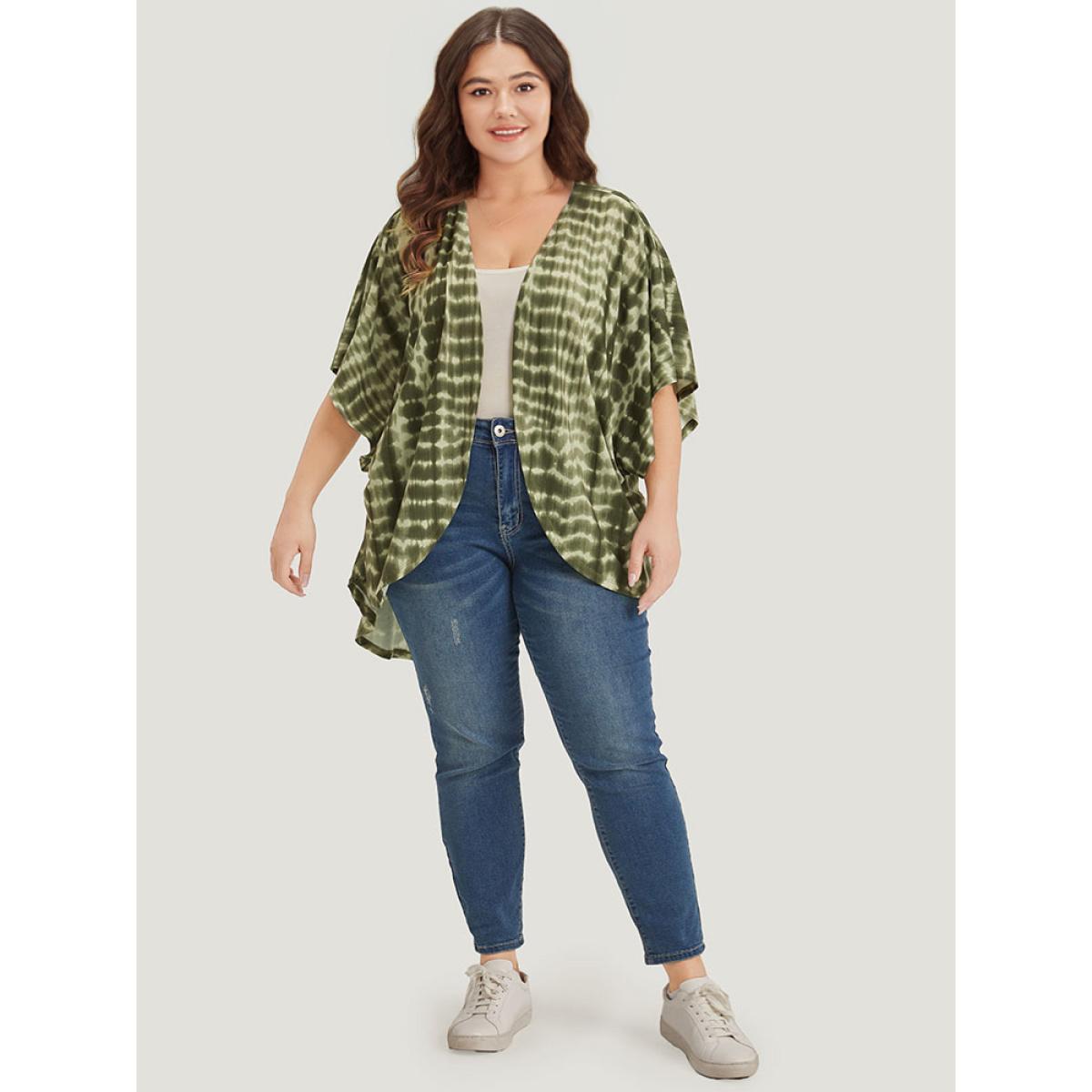 Plus Size Tie Dye Ruffle Sleeve Asymmetrical Hem Kimono Women ArmyGreen Casual Tie Dye Loose Dailywear Kimonos BloomChic 28/5X Product Image