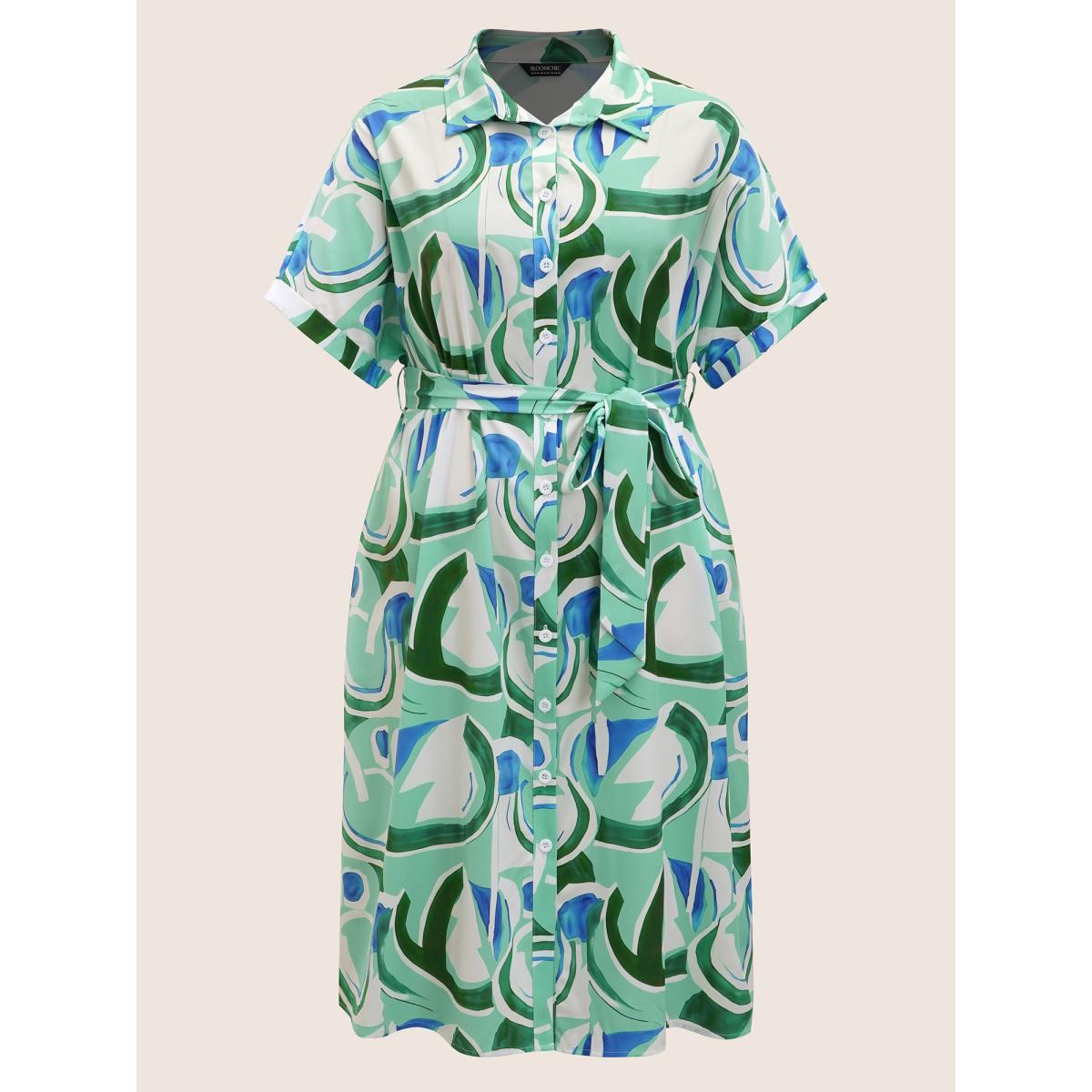 Plus Size Geometric Elastic Waist Drop Shoulder Sleeve Midi Dress Arctic Women At the Office Belted Shirt collar Short sleeve Curvy BloomChic 12/L Product Image