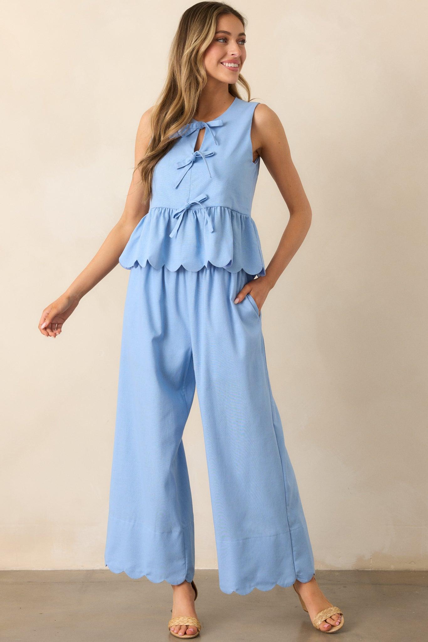 Weekend Getaway Light Blue Scalloped Hem Pants Product Image