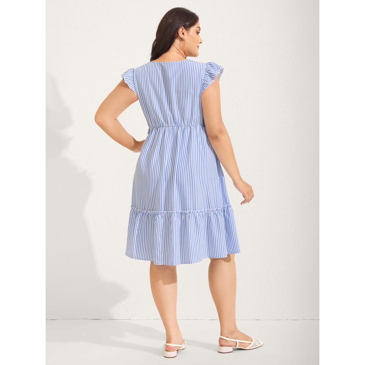 Plus Size Floral Embroidery Stripes Flutter Midi Dress LightBlue Women Boho Round Neck Cap Sleeve Curvy BloomChic 22-24/3X Product Image