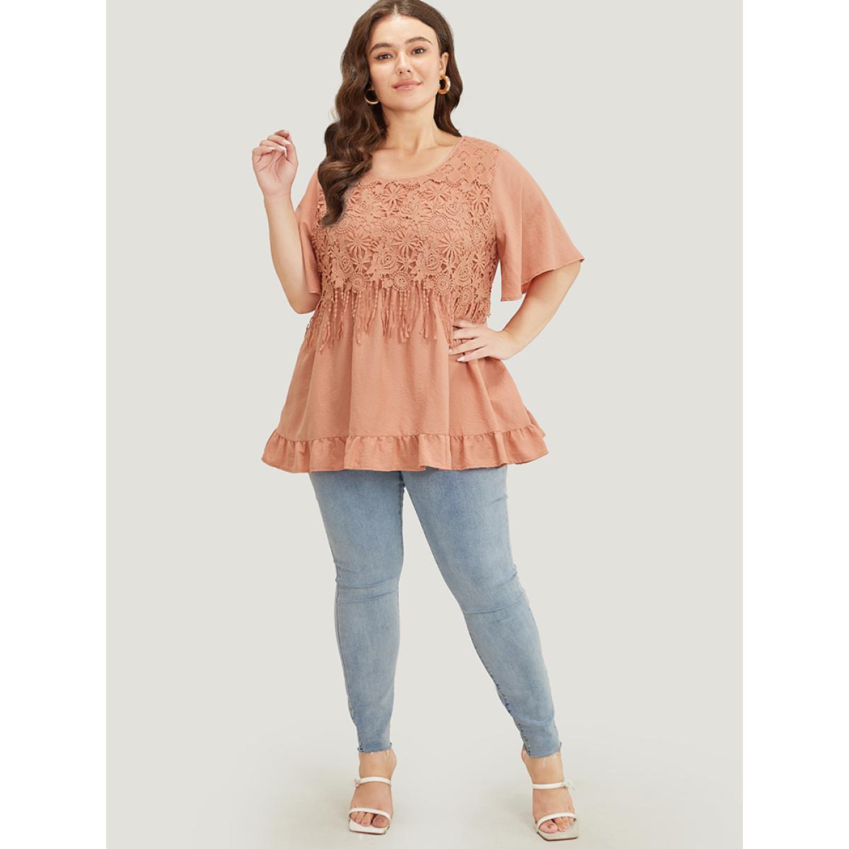 Plus Size Coral Solid Contrast Lace Fringe Trim Flutter Hem Blouse Women Vacation Short sleeve Round Neck Dailywear Blouses BloomChic 12/L Product Image