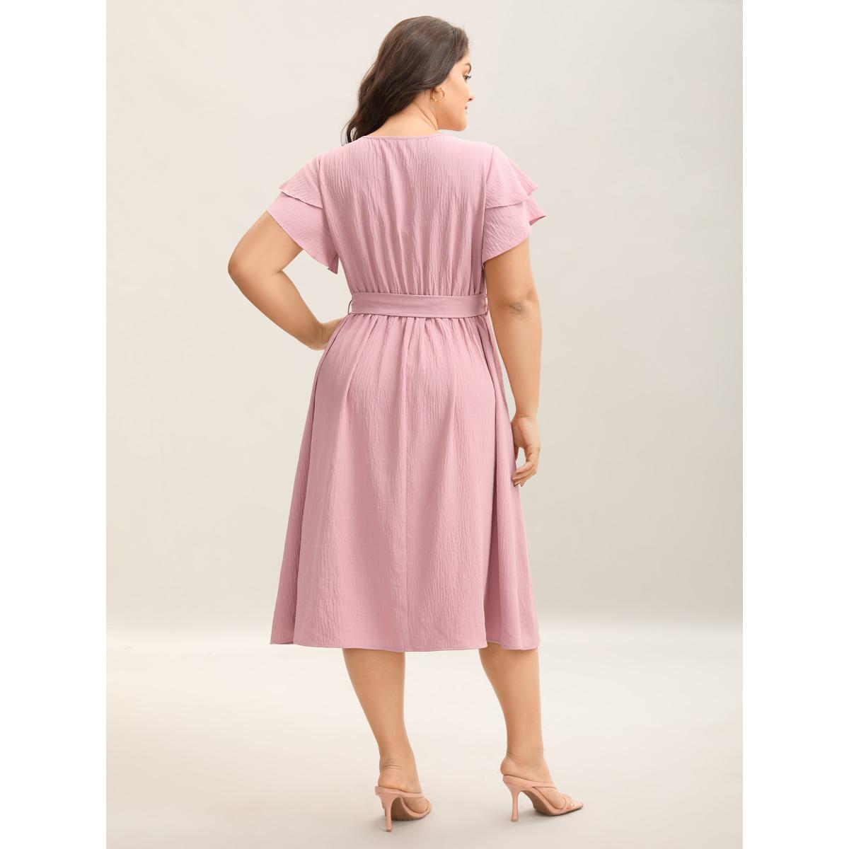 Plus Size Layered Ruffled Sleeve Fake Placket Midi Dress Blush Women V-neck Cap Sleeve Curvy BloomChic 12/L Product Image