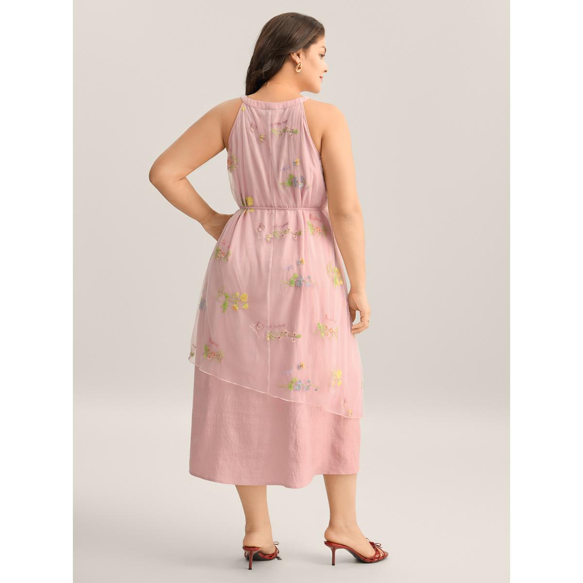 Plus Size Embroidered Mesh Halter Neck Midi Dress MistyRose Women Round Neck Sleeveless Curvy BloomChic 22-24/3X Product Image