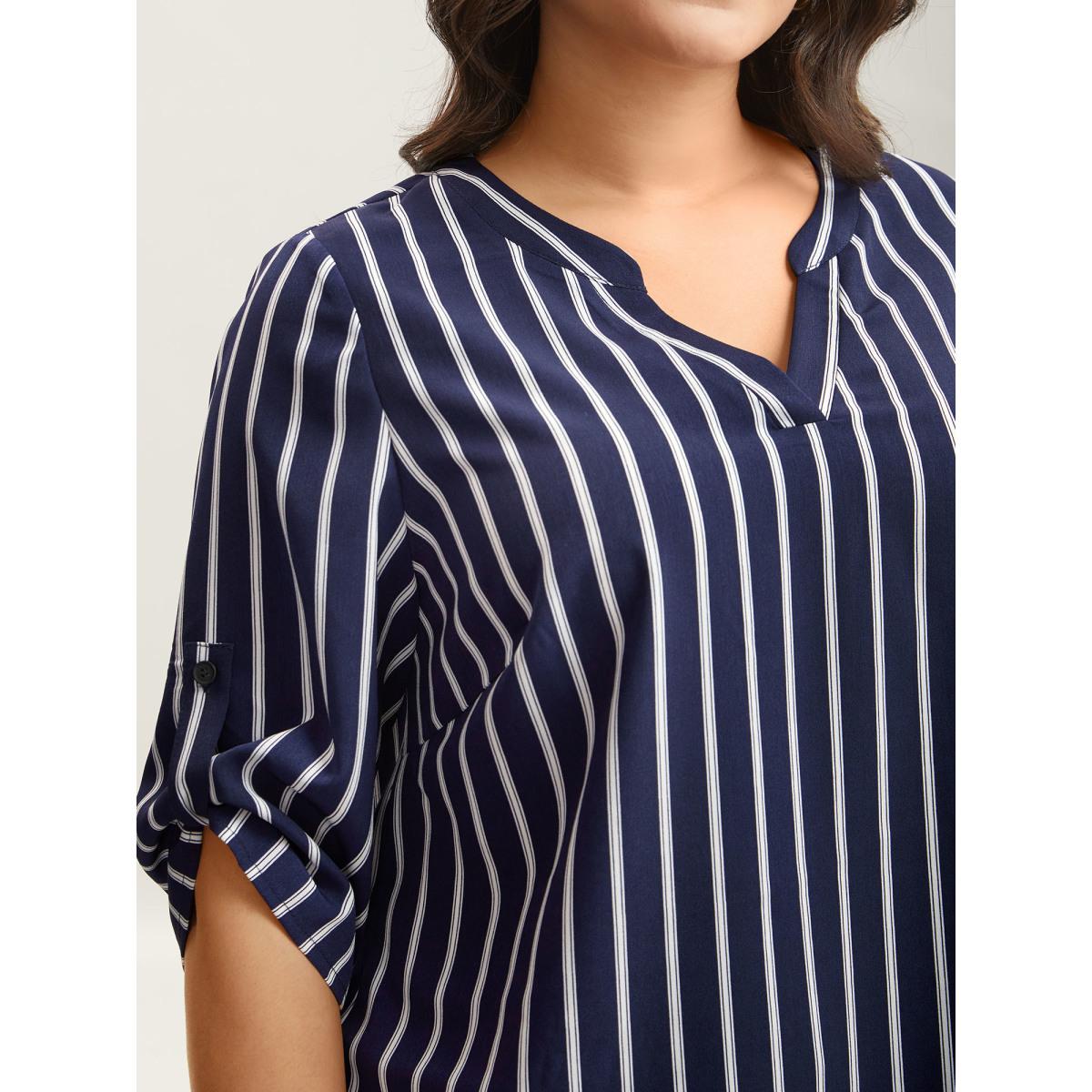 Plus Size Indigo Notched Collar Striped Tab Sleeve Shirt Women At the Office Elbow-length sleeve Notched collar Work Blouses BloomChic 26/4X Product Image