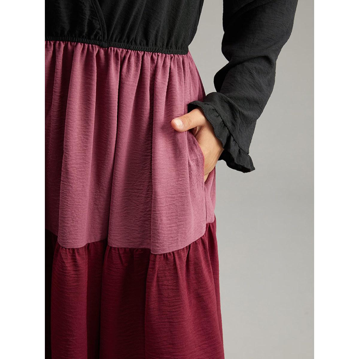 Plus Size Colorblock Contrast Ruffle Layered Hem Dress Black Women Casual Gathered V-neck Long Sleeve Curvy Midi Dress BloomChic 10/M Product Image