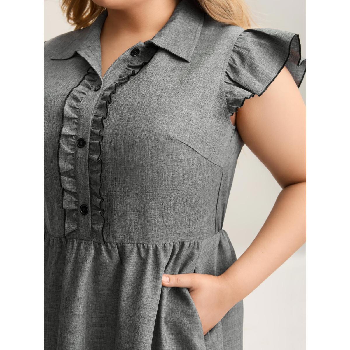 Plus Size Ruffled Trim Shirt Collar Flared Midi Dress DarkGray Women Office Frill Trim Shirt collar Cap Sleeve Curvy BloomChic 12/L Product Image
