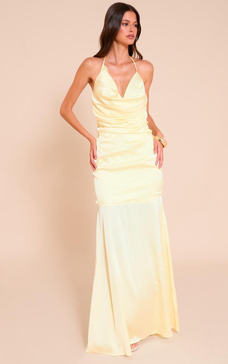 Lemon Satin Asymetric Drape Maxi Dress Product Image