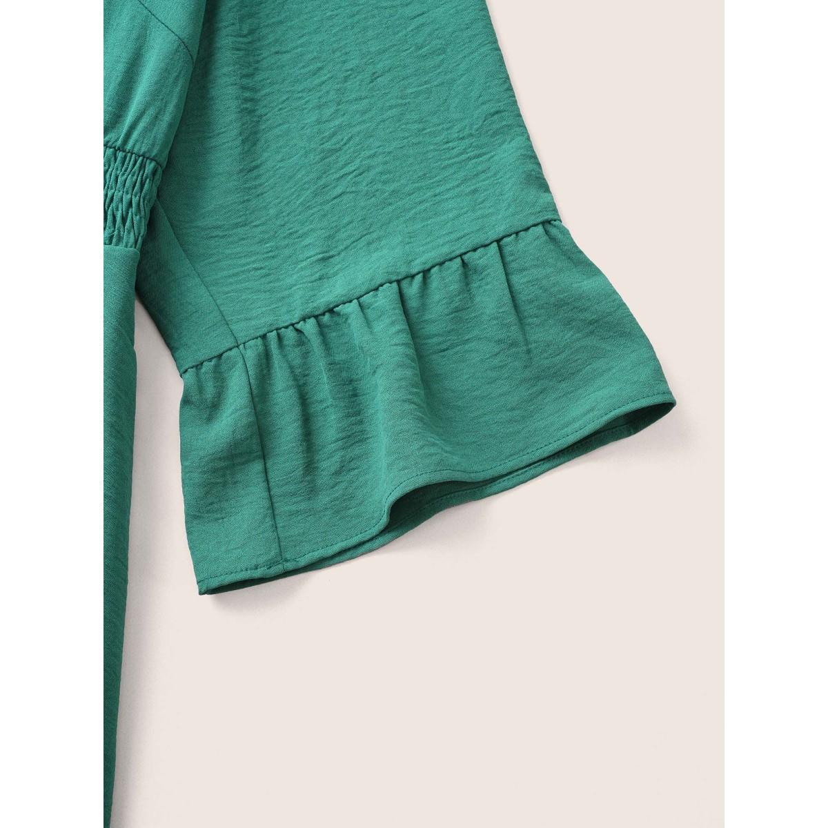 Plus Size Plain Shirred Flutter Layered Hem Dress Emerald Women Elegant Non V-neck Elbow-length sleeve Curvy Midi Dress BloomChic 28/5X Product Image