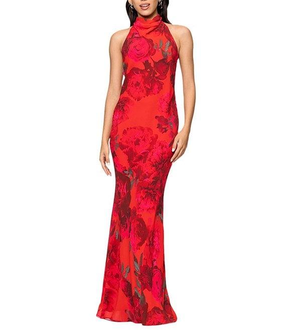 Betsy & Adam Chiffon Floral Print Halter Cowl Neck Sleeveless Sheath Gown Product Image