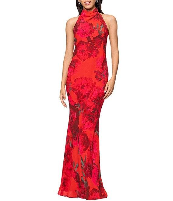 Betsy & Adam Chiffon Floral Print Halter Cowl Neck Sleeveless Sheath Gown Product Image