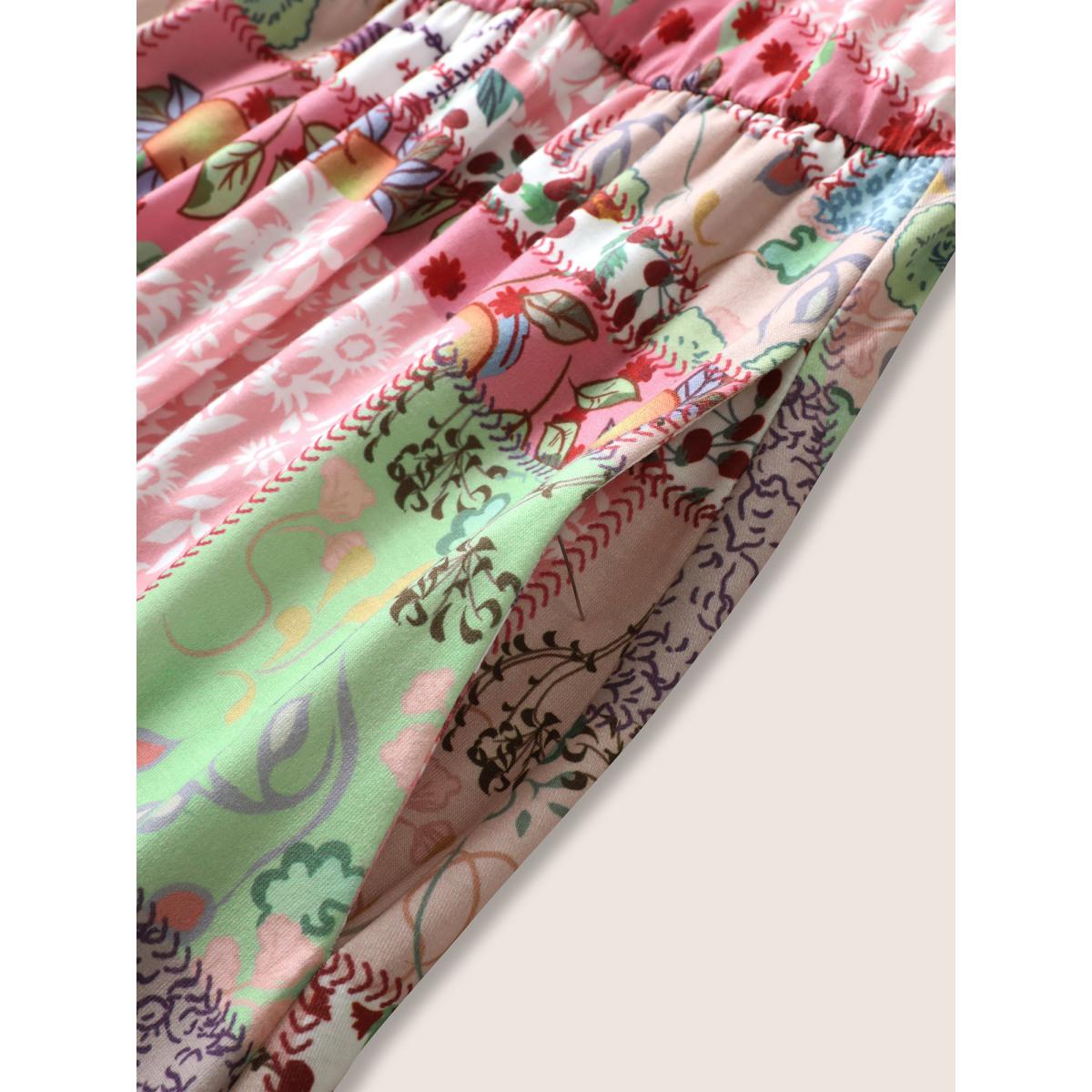 Plus Size Patchwork Boho Print Raglan Sleeve Midi Dress Multicolor Women Casual V-neck Short sleeve Curvy BloomChic 12/L Product Image