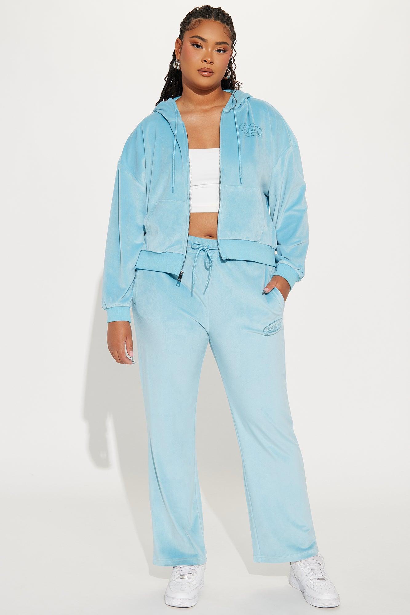 Von Dutch Velour Rhinestone Wide Leg Pant - Blue Product Image