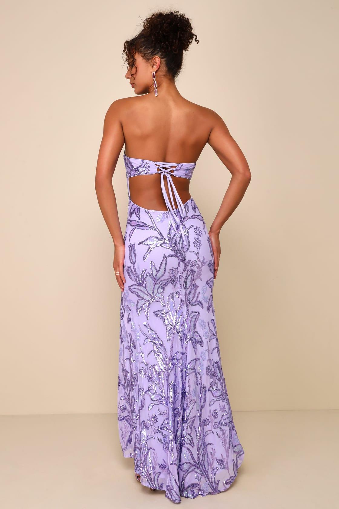 Shimmering Icon Lavender Sequin Lace-Up Strapless Maxi Dress Product Image