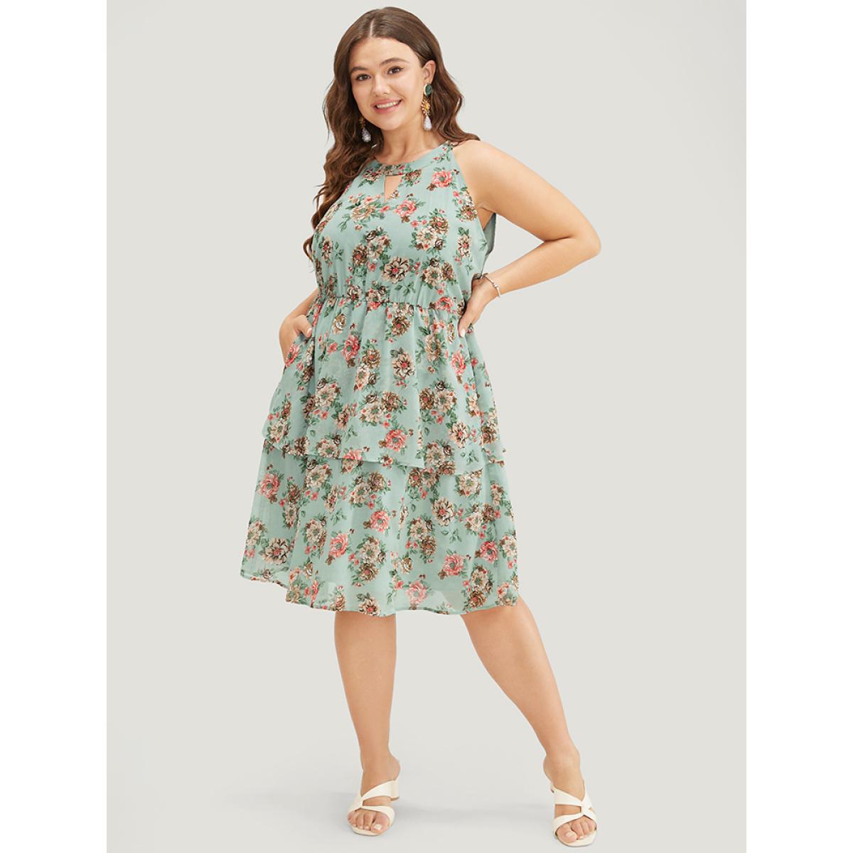Plus Size Floral Pocket Ruffle Tiered Keyhole Knotted Halter Dress Mint Women Elegant Lined Halter neck Sleeveless Curvy Knee Dress BloomChic 14-16/1X Product Image