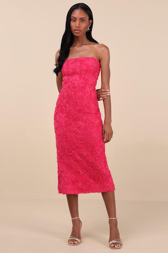 Flawless Perfection Fuchsia Floral Applique Strapless Midi Dress Product Image