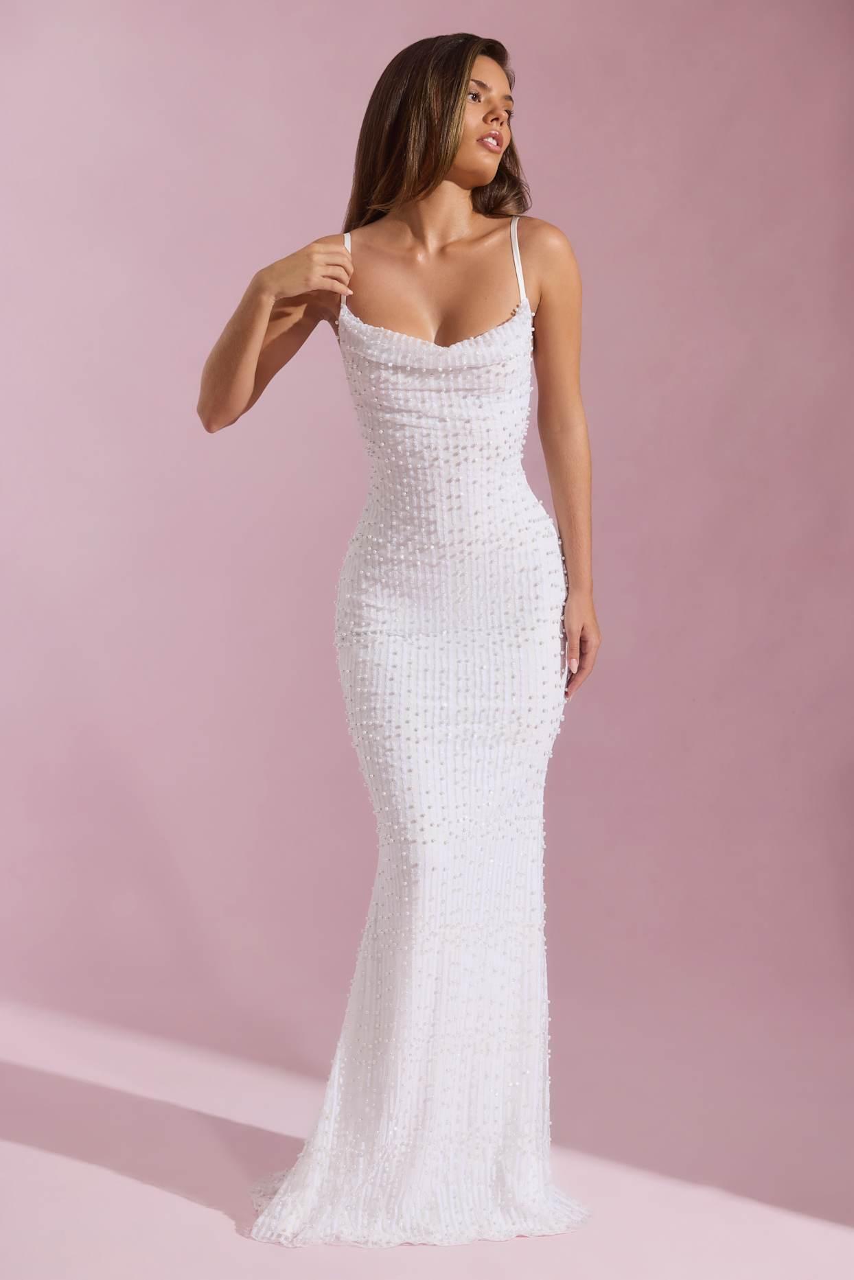 Embellished Cowl-Neck Backless Maxi Dress in White Product Image