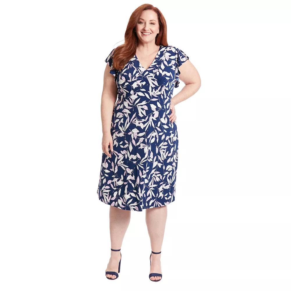 Plus Size London Times Leaf Print Ruffle Sleeve V-Neck Midi Dress, Women's, Size: 22 W, Blue Pink Product Image