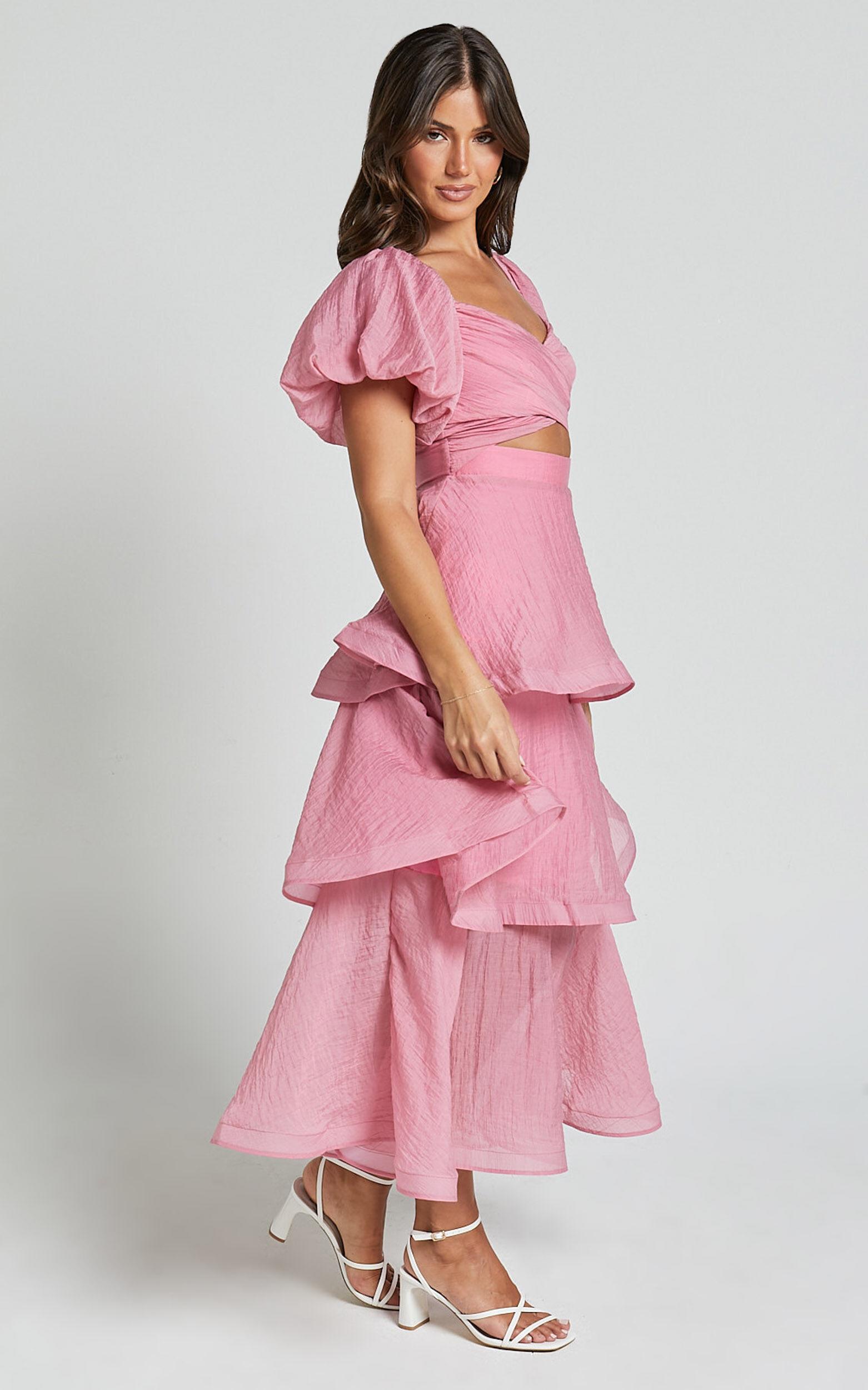 Giselle Midi Dress - Short Puff Sleeve Front Cut Out Layered Dress in Pink Product Image